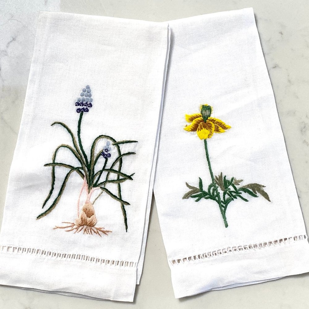 Boutique Hand Embroidered White Linen Towels